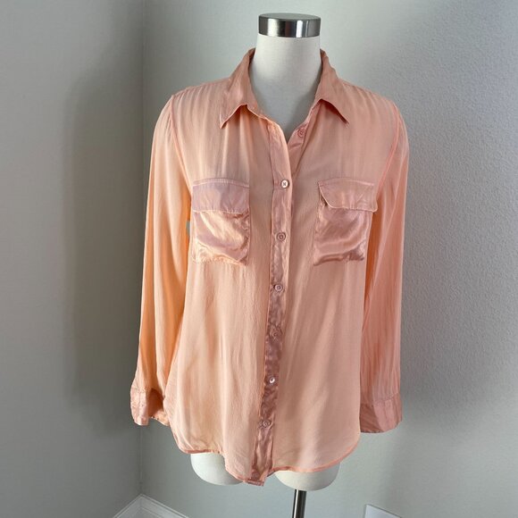 Equipment Femme Womens Large Peach 100% Silk Button Up Sheer Blouse Shirt - Picture 1 of 10